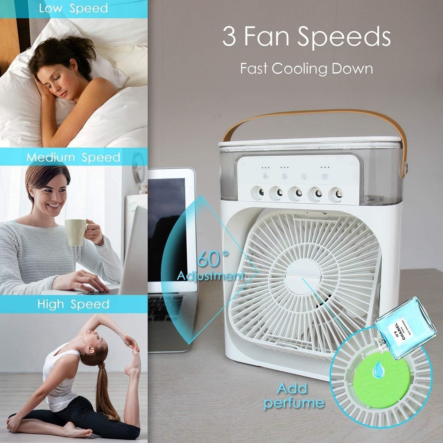 Portable Mist Fan Mini Cooler AC with 7 colours LED Light, 1/2/3 H Timer, 3 Wind Speeds and 3 Spray Moods for Office, Home, Kitchen, Travel.