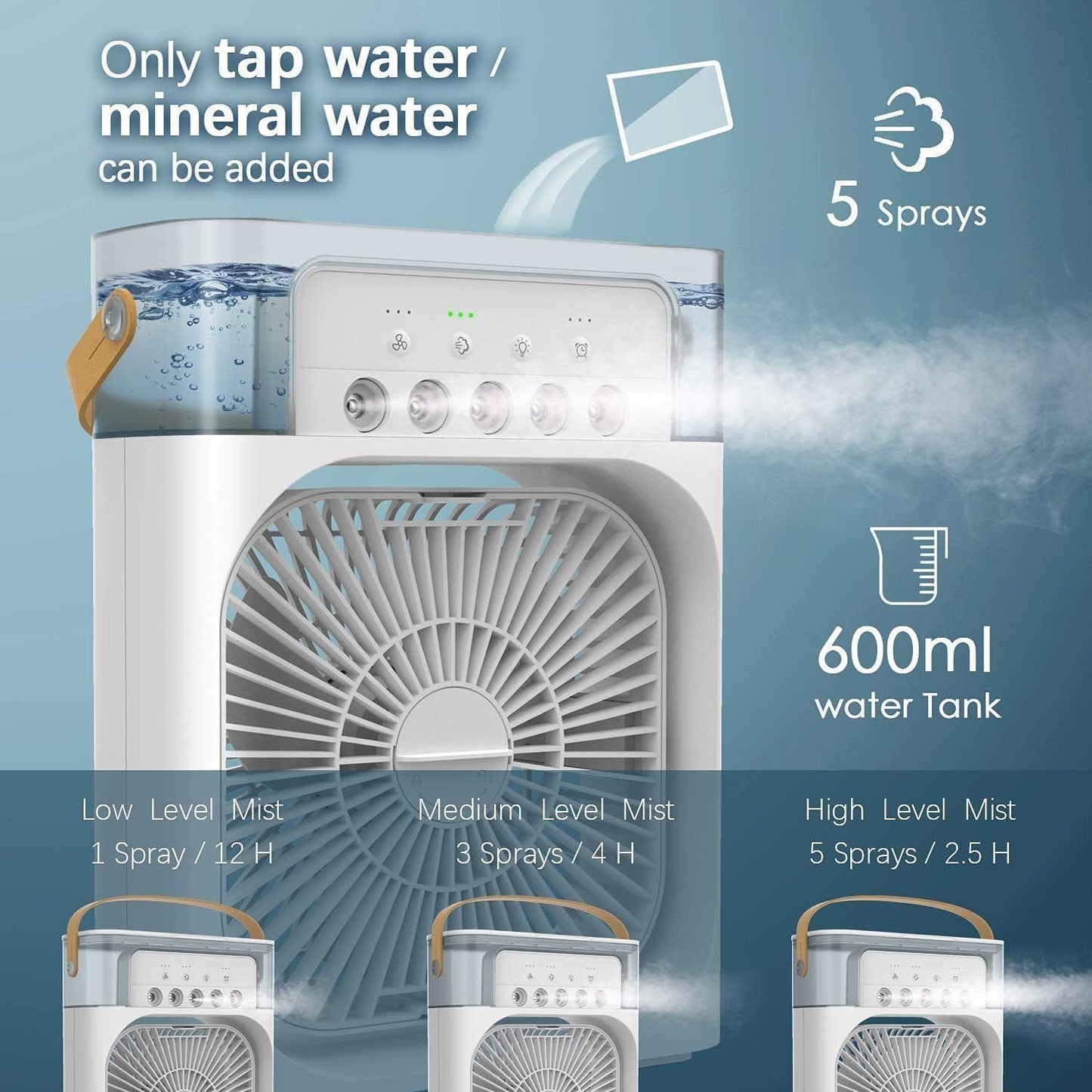 Portable Mist Fan Mini Cooler AC with 7 colours LED Light, 1/2/3 H Timer, 3 Wind Speeds and 3 Spray Moods for Office, Home, Kitchen, Travel.