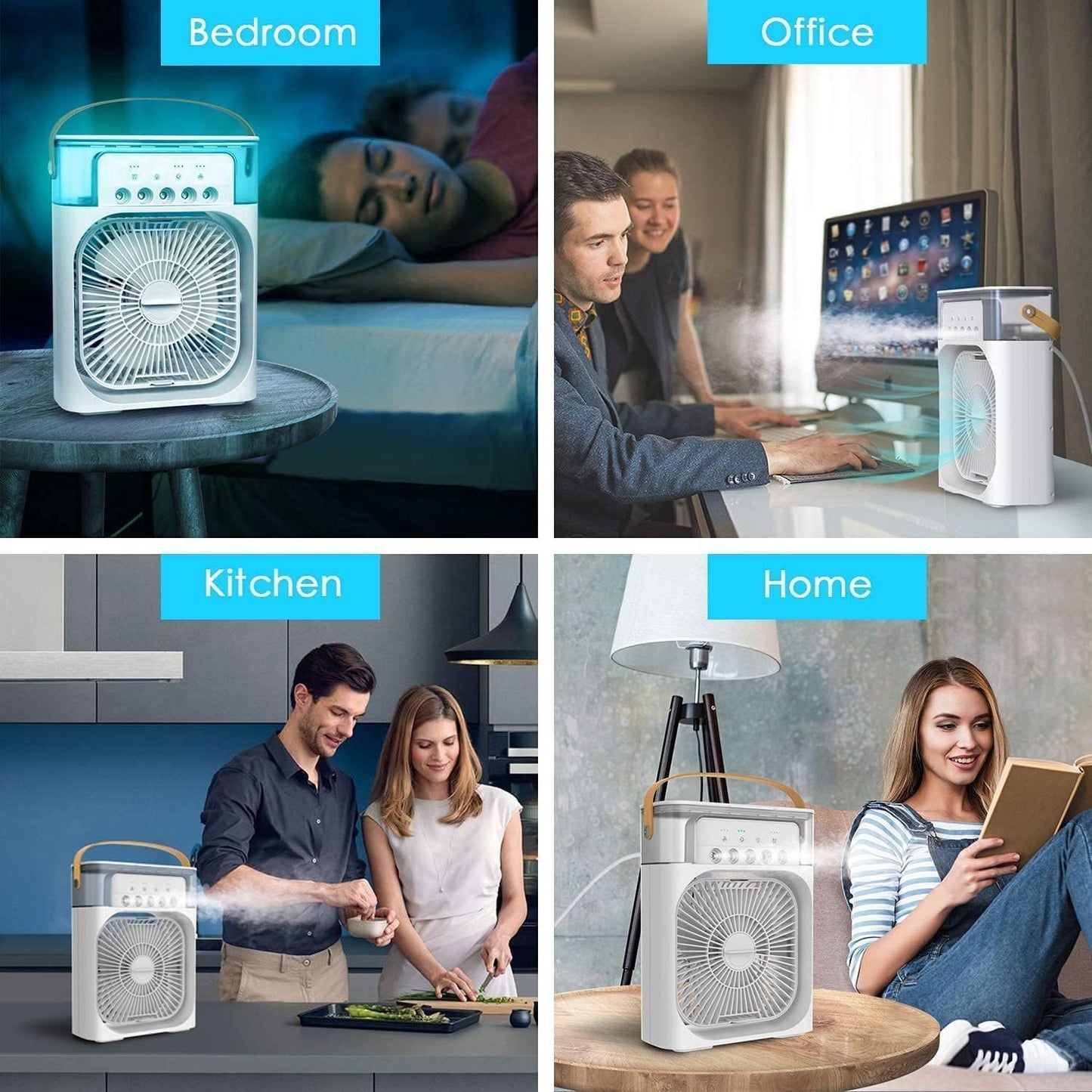 Portable Mist Fan Mini Cooler AC with 7 colours LED Light, 1/2/3 H Timer, 3 Wind Speeds and 3 Spray Moods for Office, Home, Kitchen, Travel.
