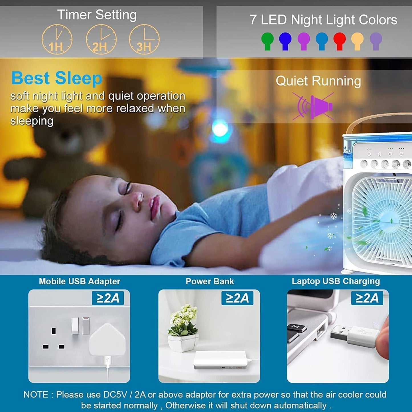 Portable Mist Fan Mini Cooler AC with 7 colours LED Light, 1/2/3 H Timer, 3 Wind Speeds and 3 Spray Moods for Office, Home, Kitchen, Travel.