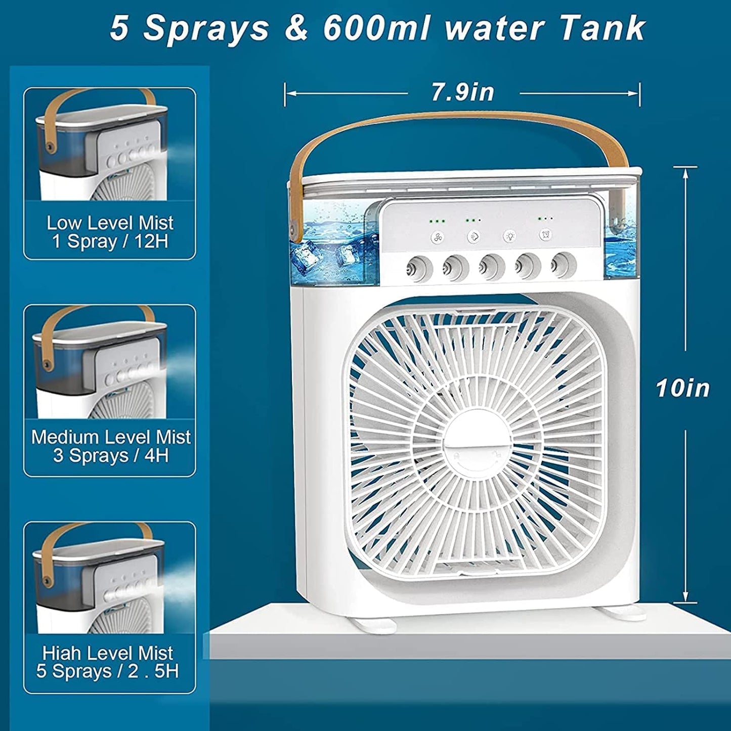 Portable Mist Fan Mini Cooler AC with 7 colours LED Light, 1/2/3 H Timer, 3 Wind Speeds and 3 Spray Moods for Office, Home, Kitchen, Travel.